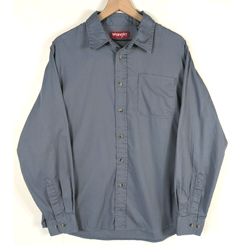 Wrangler Mens L Gray Button Up Long Sleeve Shirt Cotton Pocket Outdoor Casual